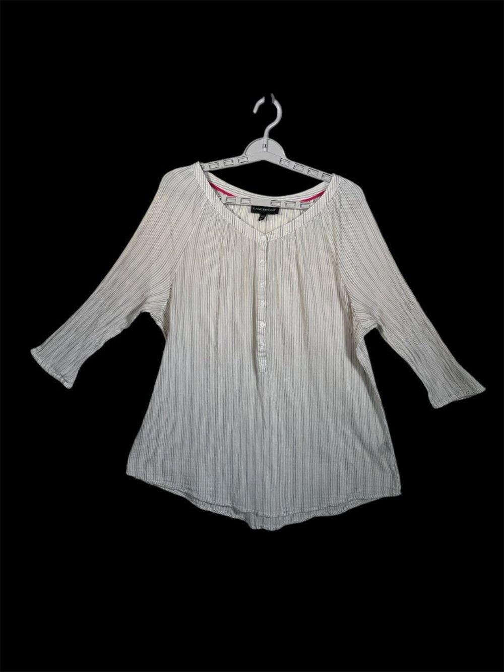 Lane Bryant Popover Shirt 18/20 Crinkle Cotton 3/4 Sleeve White Striped Neutrals